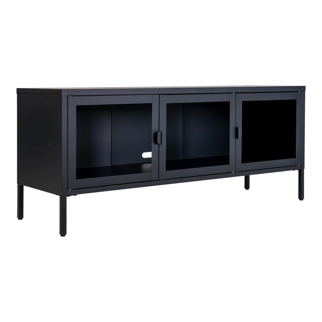 Meuble TV métal noir 3 portes vitrées 130x40 cm