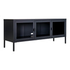 Meuble TV métal noir 3 portes vitrées 130x40 cm