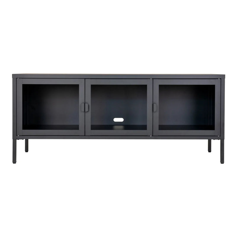 Meuble TV en métal noir avec 3 portes vitrées pour salon – 130x40 cm