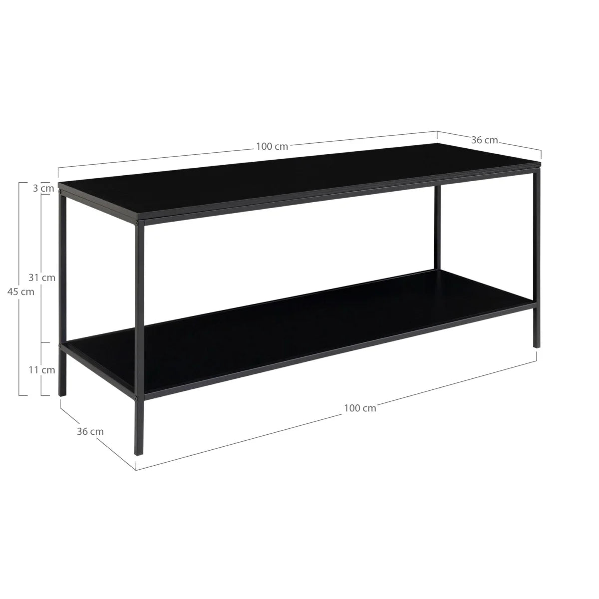 Meuble TV noir en métal à deux étages, 100x36 cm