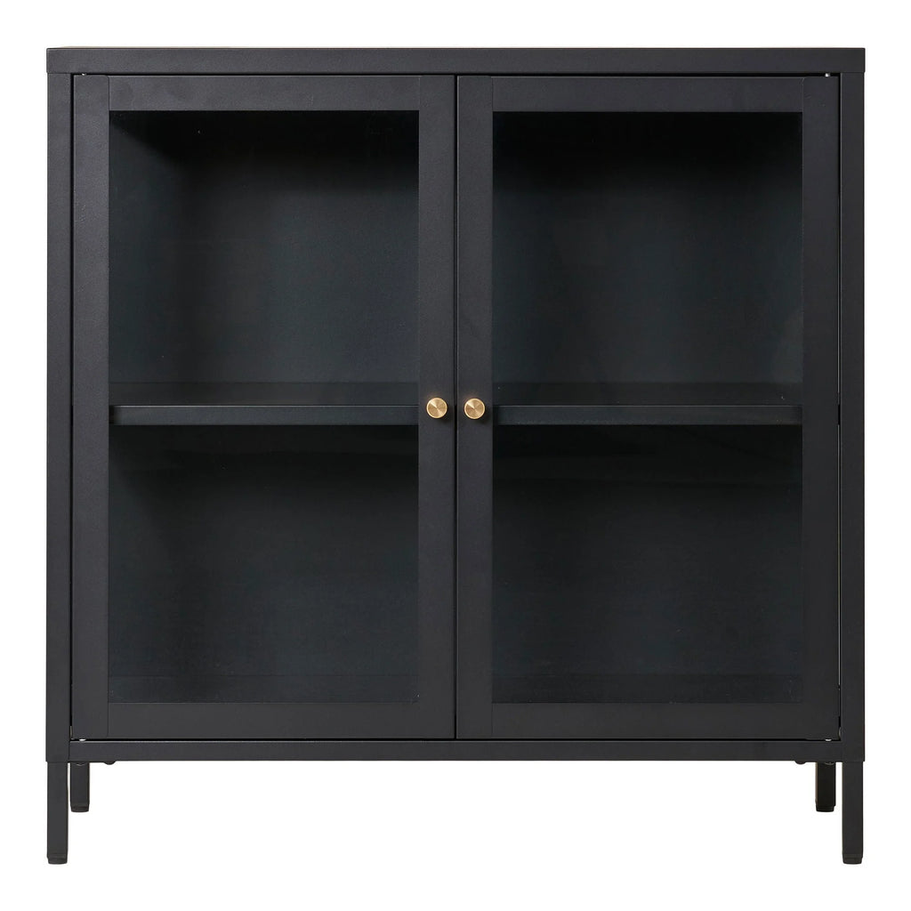 Meuble vitrine en métal noir et verre avec poignées dorées 80x35 cm