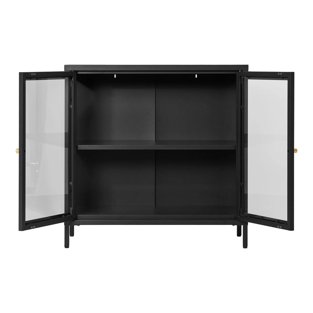 Vitrine en métal noir avec portes vitrées et poignées dorées, 80x35 cm