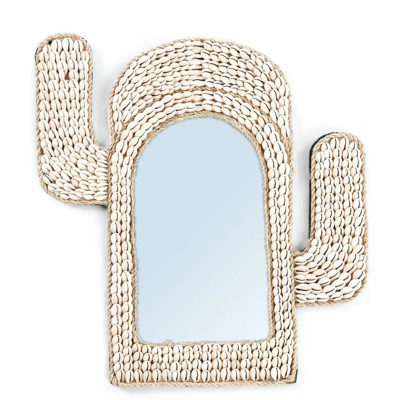 Miroir mural cactus en coquillages cauris blanc – 40x38 cm