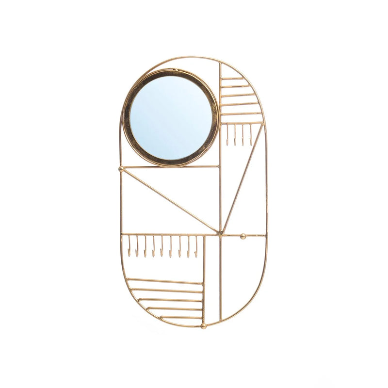 Miroir mural doré avec crochets bijoux en métal filaire – H51 cm