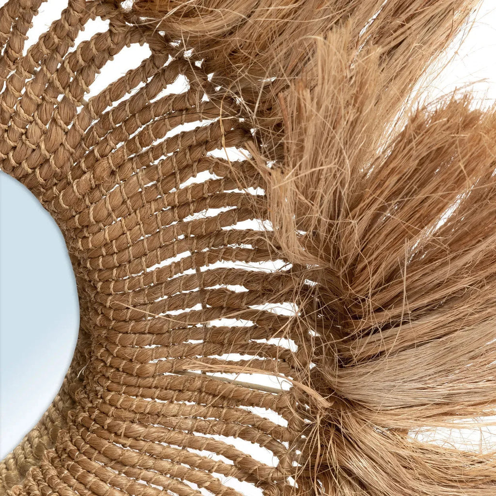 Miroir mural rond en abaca tressé bordure frangée naturel – Ø25 cm