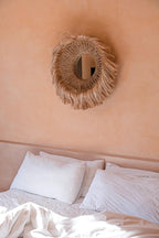 Miroir mural rond en abaca tressé bordure frangée naturel – Ø25 cm