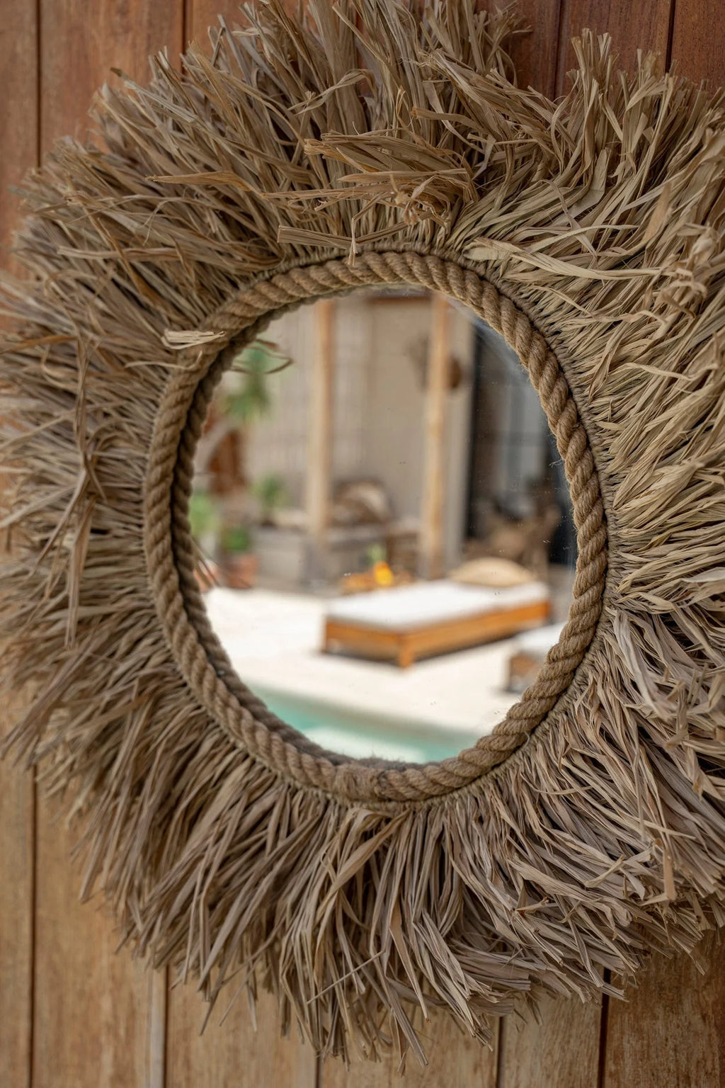 Miroir mural rond en fibres naturelles tressées couleur naturelle – Ø60 cm