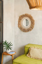 Miroir rond de 75 cm avec cadre en raphia et coquillages naturels blancs