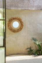 Miroir rond 75 cm avec cadre en raphia et coquillages naturels blancs