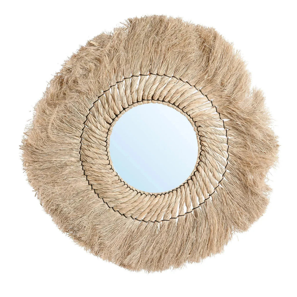 Miroir rond 90 cm avec cadre en herbe naturelle tressée et bordure à franges