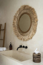 Miroir rond en fibres naturelles avec franges soleil, Ø85 cm