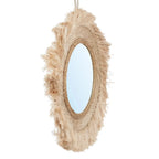 Miroir rond beige en fibres naturelles avec franges soleil, Ø85 cm