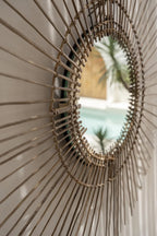 Miroir rond en rotin naturel esprit vintage avec soleil rayonnant 85 cm