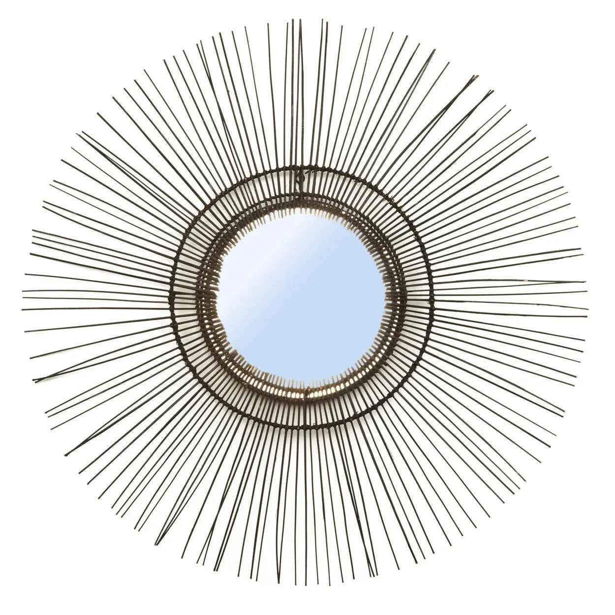 Miroir rond en rotin noir 85 cm style années 70 avec cadre épineux soleil