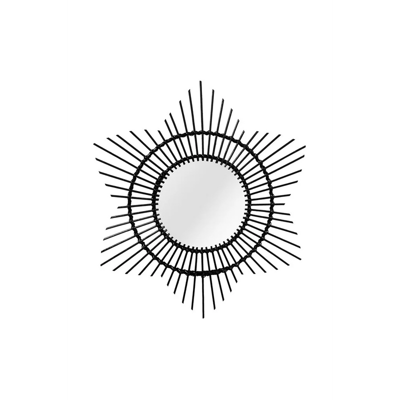 Miroir soleil mural en rotin noir fait main – Ø52 cm