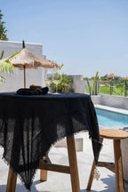 Nappe en lin noir 150x200 cm avec franges et tassels pour table à manger
