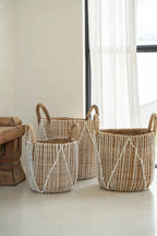 Panier en jonc de mer tressé & macramé avec poignées – H40 cm