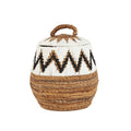 Panier de rangement cylindrique en feuille de bananier motif zigzag noir et blanc