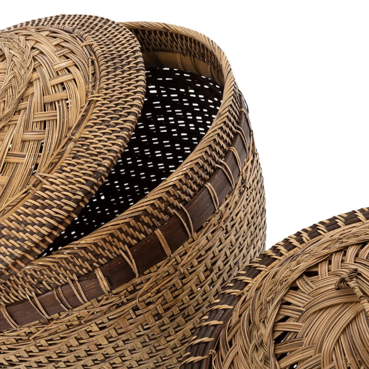 Panier de rangement cylindrique en rotin naturel avec couvercle décoratif – H45 cm