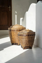 Panier de rangement cylindrique en rotin naturel avec couvercle décoratif – H45 cm
