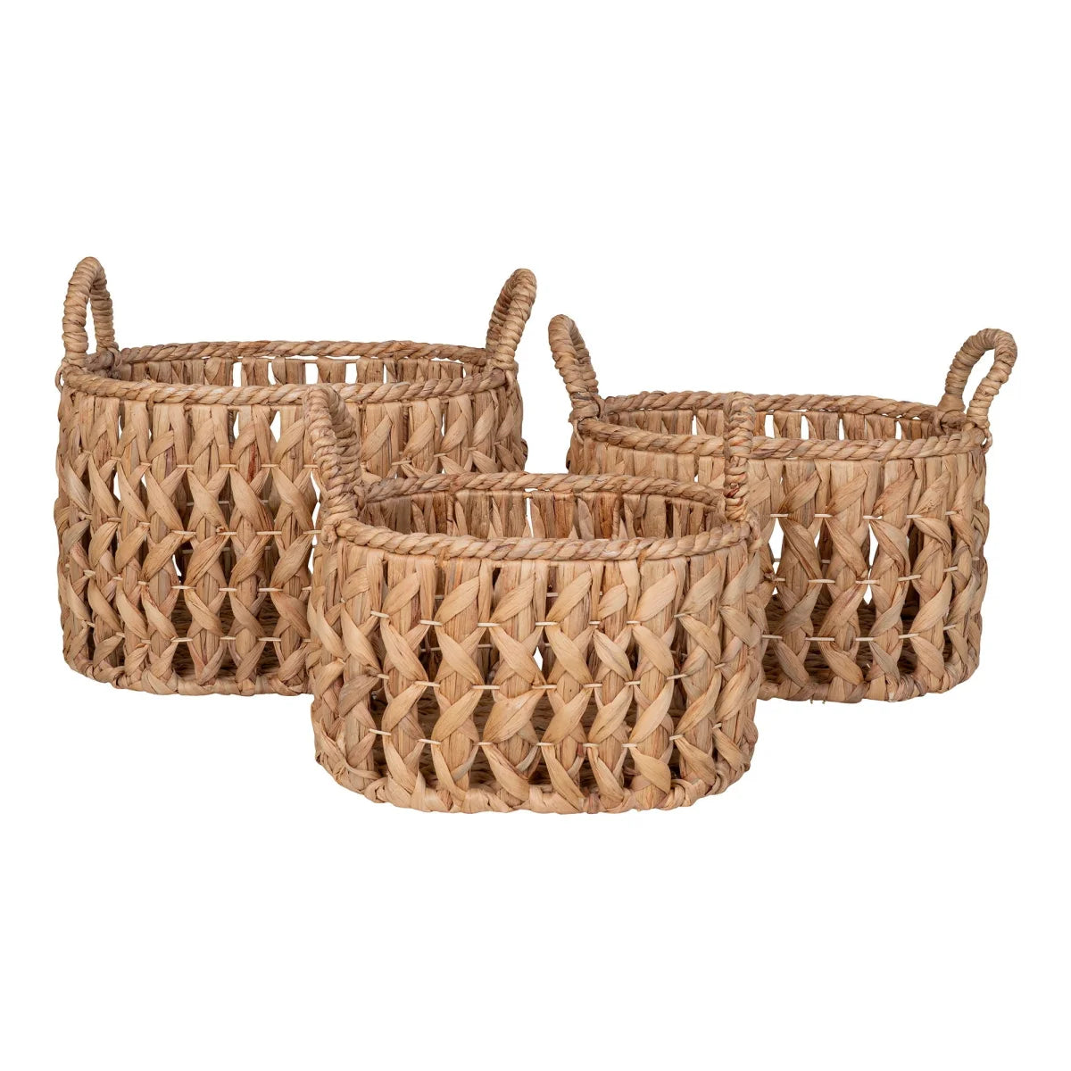 Ensemble de 3 paniers de rangement en jacinthe d’eau naturel avec anses tressées