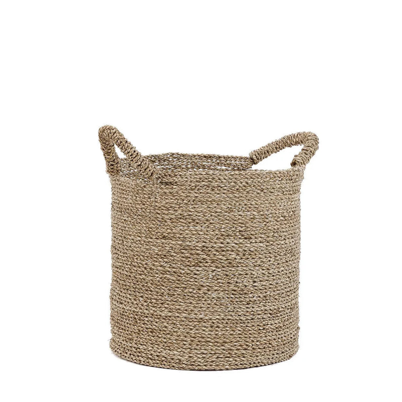 Panier de rangement rond en jonc de mer tressé naturel avec anses
