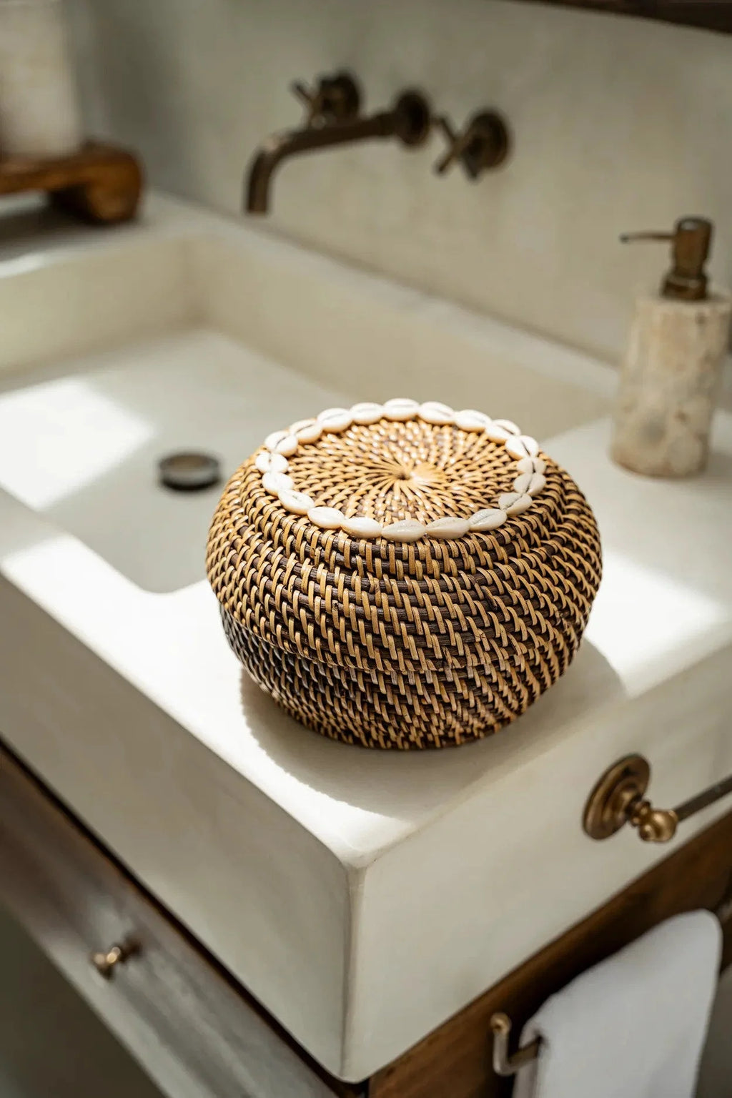 Panier de rangement en rotin foncé et coquillages 27 cm
