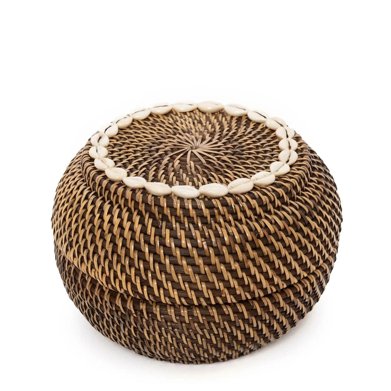 Panier de rangement en rotin foncé et coquillages 27 cm