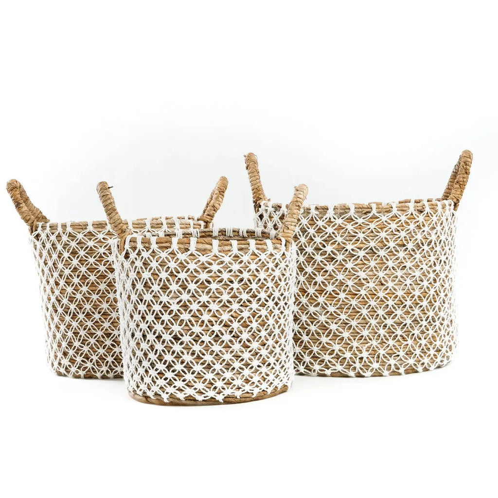 Panier rond en jute tressé motif filet blanc avec anses corde – Ø35 cm