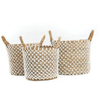 Panier rond en jute tressé motif filet blanc avec anses corde – Ø35 cm