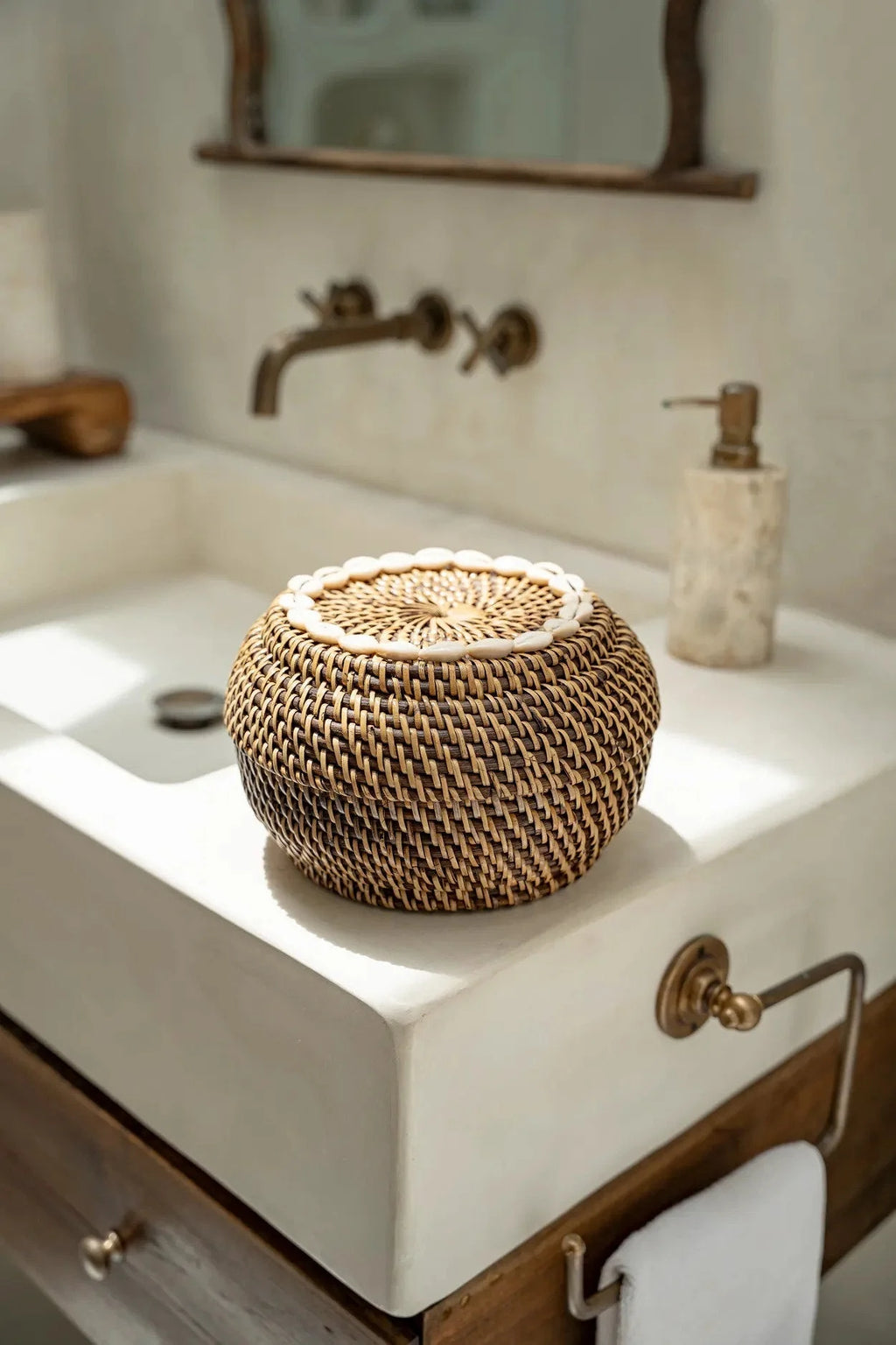 Panier en rotin foncé avec coquillages cauris 23 cm