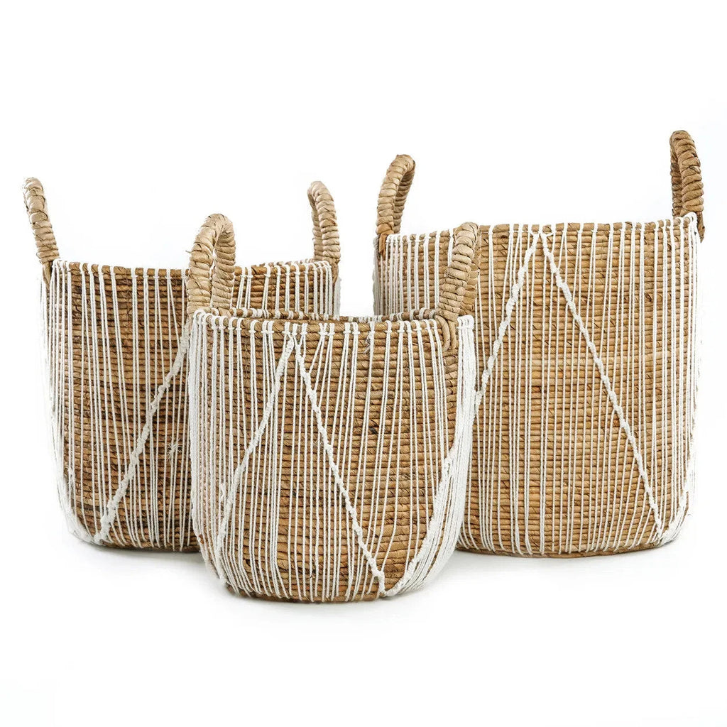 Panier en seagrass tressé naturel avec lacets blancs et anses – Ø40 cm