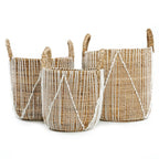 Panier en seagrass tressé naturel avec lacets blancs et anses – Ø40 cm