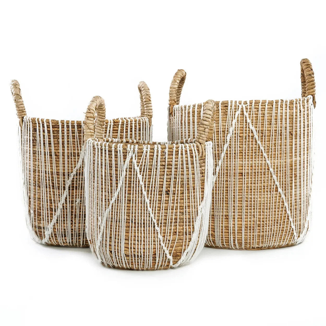 Panier en seagrass tressé naturel avec lacets blancs et anses – Ø40 cm