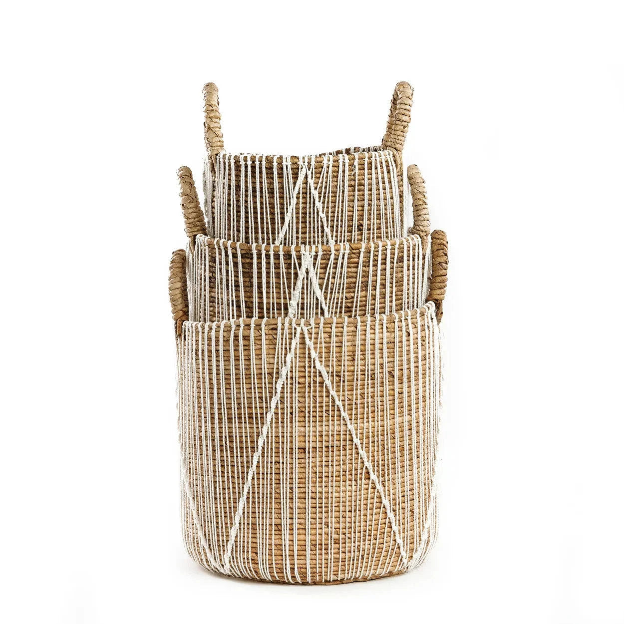 Panier en seagrass tressé naturel avec lacets blancs et anses – Ø40 cm