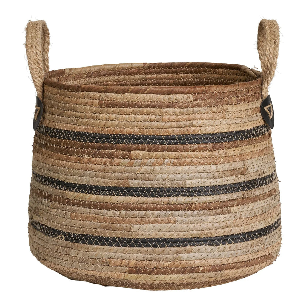 Panier en feuilles de bananier naturel Ø30 cm avec poignées et rayures noires