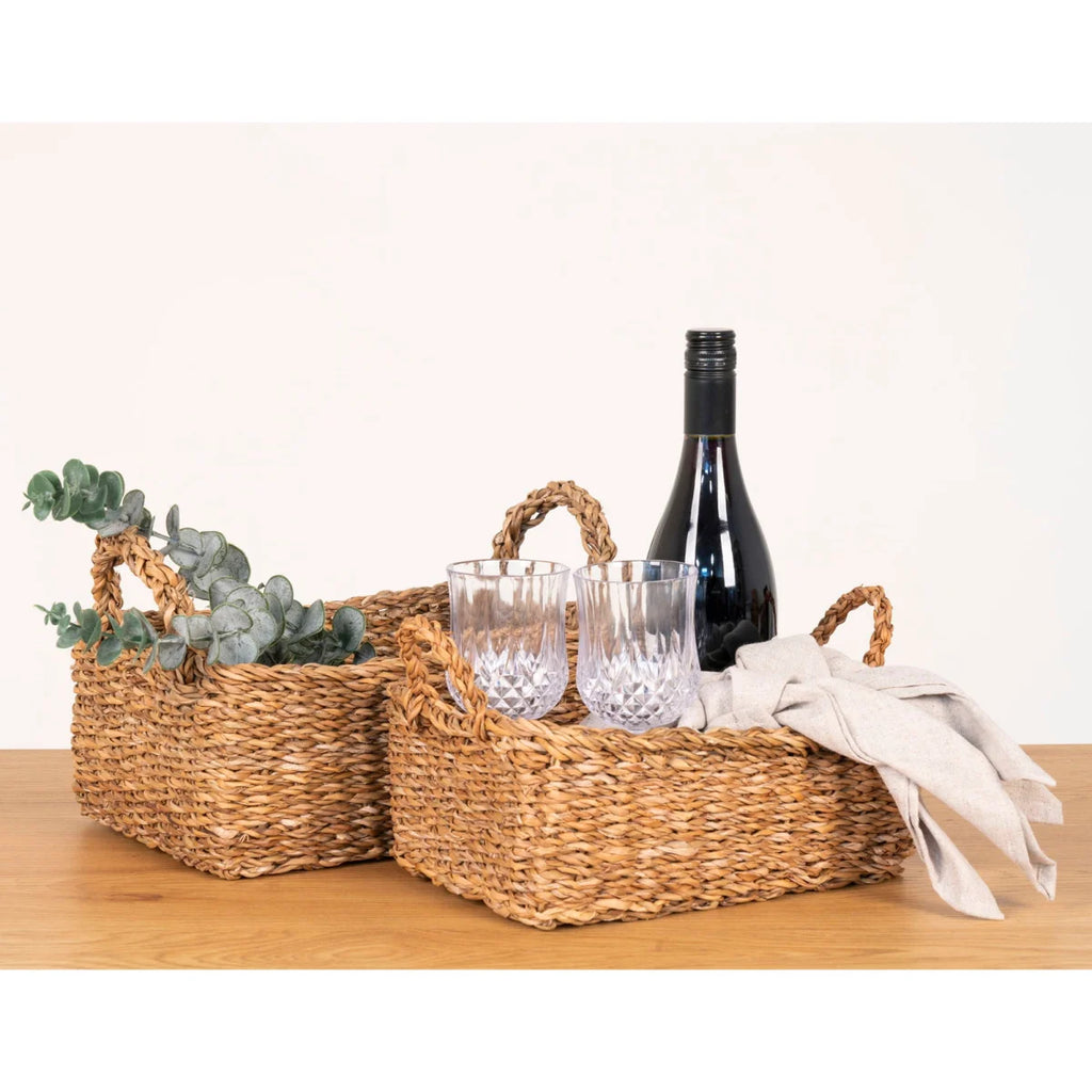 Plateaux en herbe de mer naturelle tressés avec anses, lot de 2