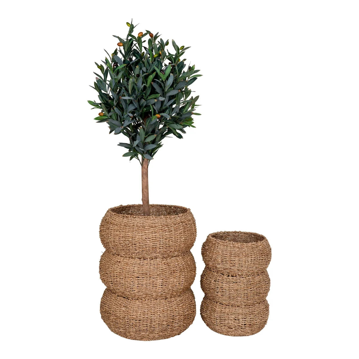 Arbre artificiel olive vert foncé haut avec fruits orange dans panier jonc tressé