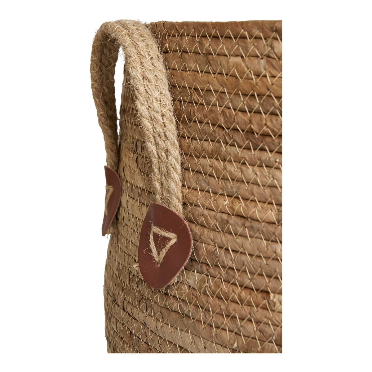 Panier rond en feuilles de bananier avec anses en cuir naturel