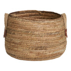 Panier rond en feuilles de bananier avec anses en cuir naturel