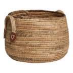 Panier rond en feuilles de bananier avec anses en cuir naturel