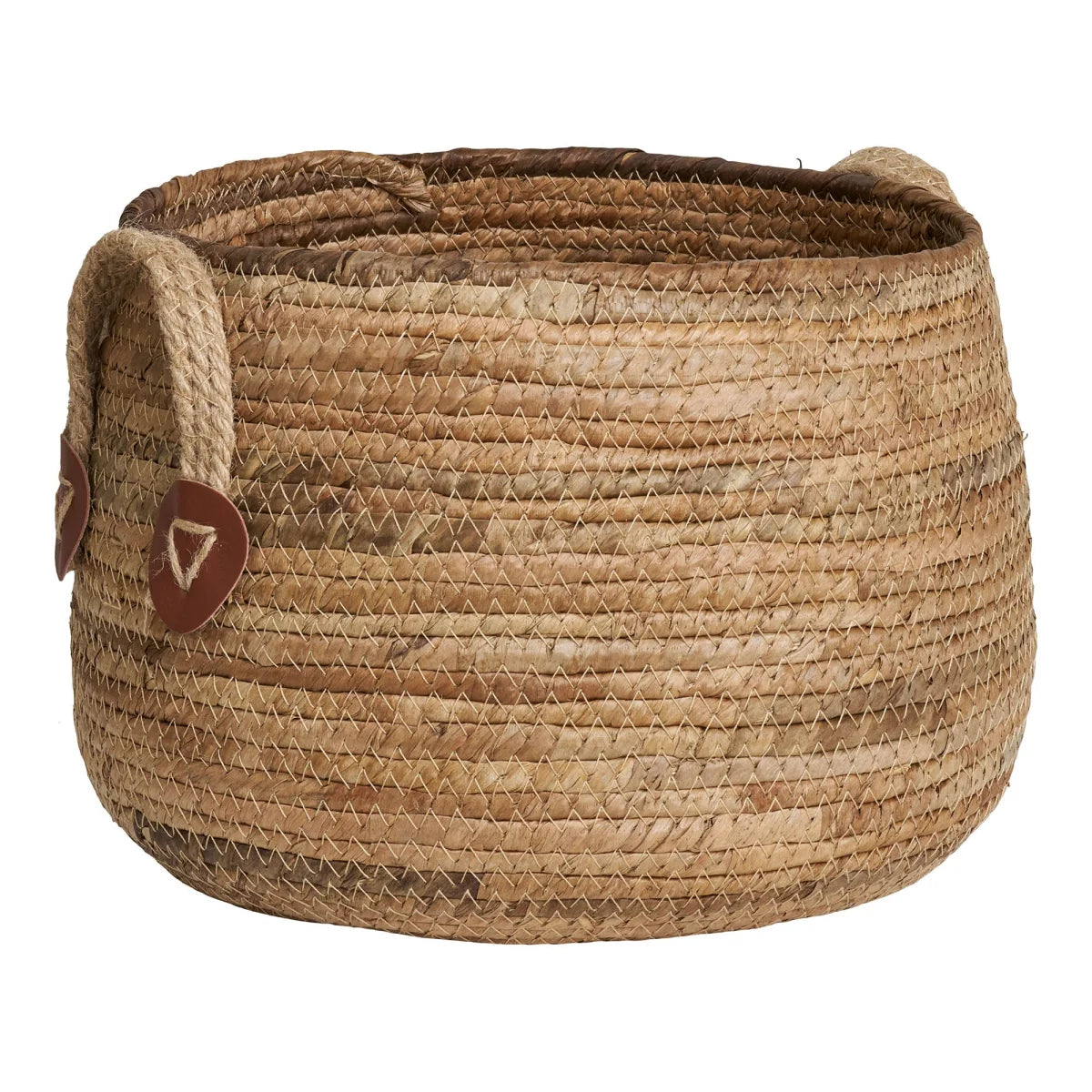 Panier rond en feuilles de bananier avec anses en cuir naturel