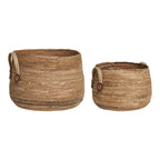 Deux paniers ronds en feuilles de bananier avec anses en cuir naturel, lot de 2