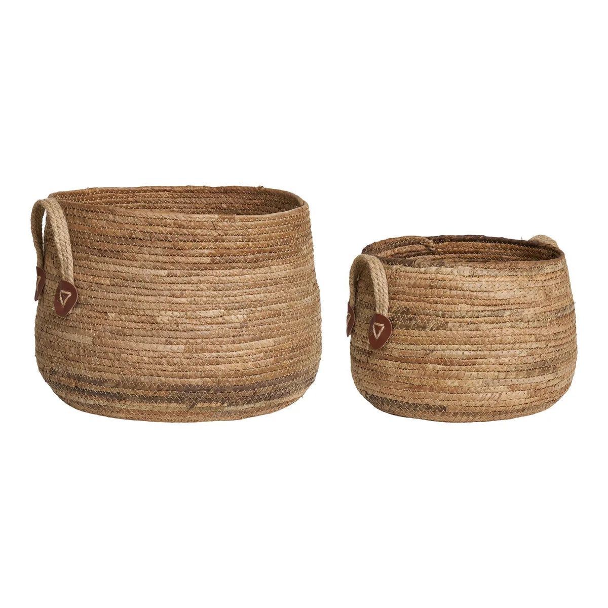 Deux paniers ronds en feuilles de bananier avec anses en cuir naturel, lot de 2