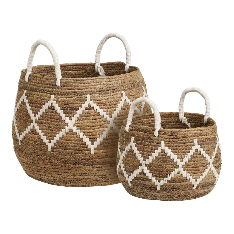Paniers ronds en feuilles de bananier motif losanges blancs – Lot de 2
