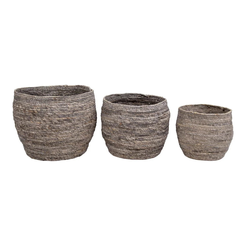 Lot de 3 paniers ronds gris chiné tressé en feuilles de maïs rustiques