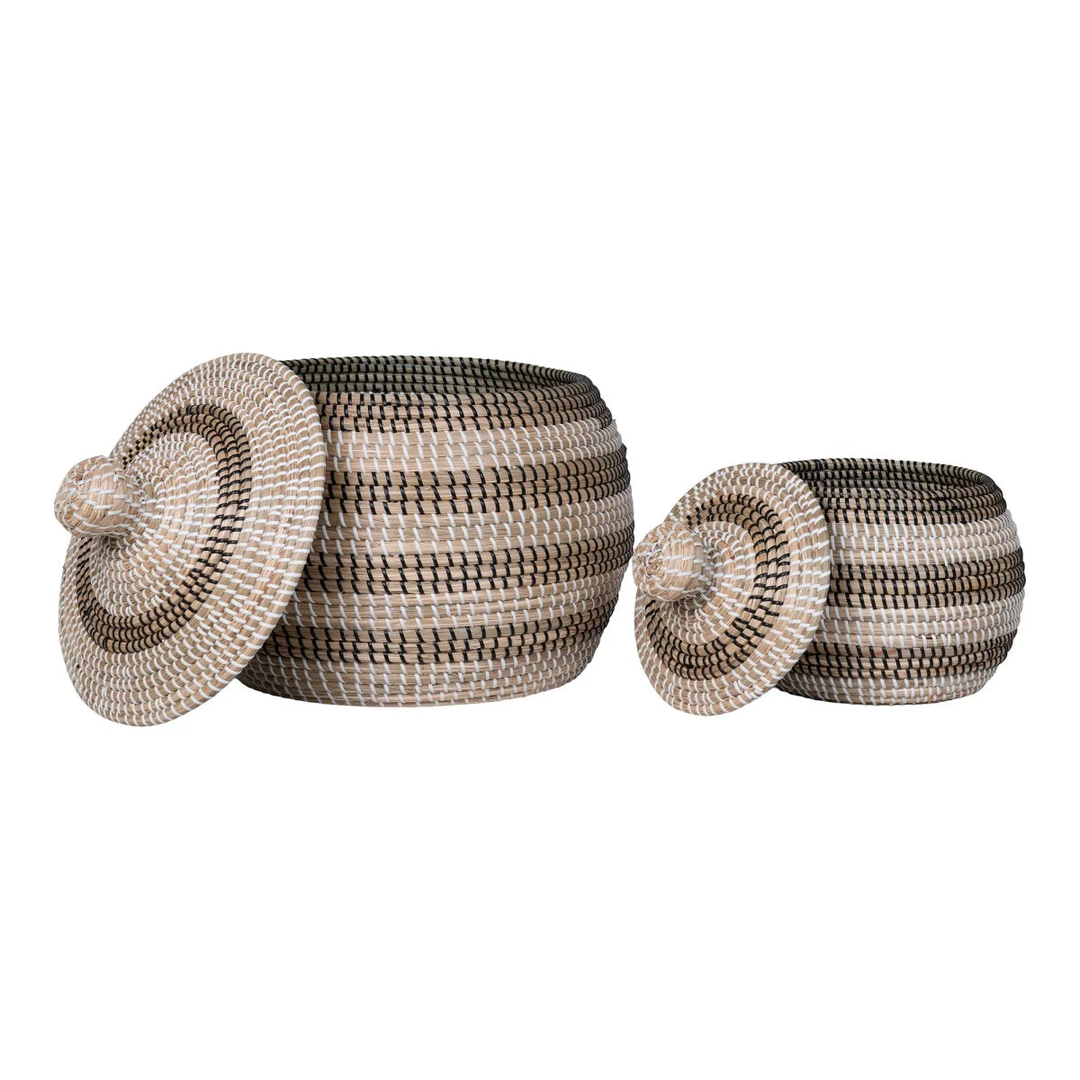 Panier rond en jonc de mer rayé noir et blanc avec couvercle - Set de 2