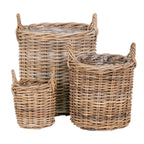 Set de 3 paniers ronds en rotin naturel avec poignées torsadées et doublure plastique claire
