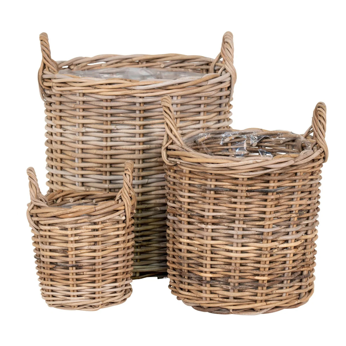 Set de 3 paniers ronds en rotin naturel avec poignées torsadées et doublure plastique claire