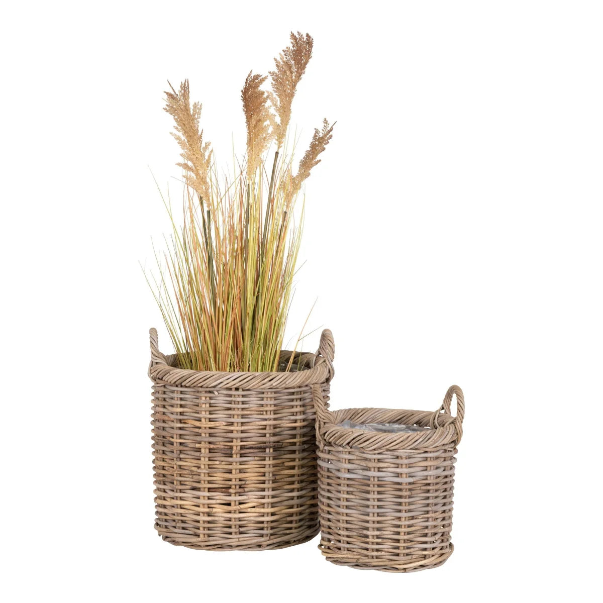 Set de 2 paniers ronds en rotin tressé gris avec anses